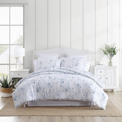 Laura Ashley - King Comforter Set, Reversible Cotton Bedding with Matching Shams, Medium Weight for Year Round Use, Oeko-Tex Certified (Belinda Blue)