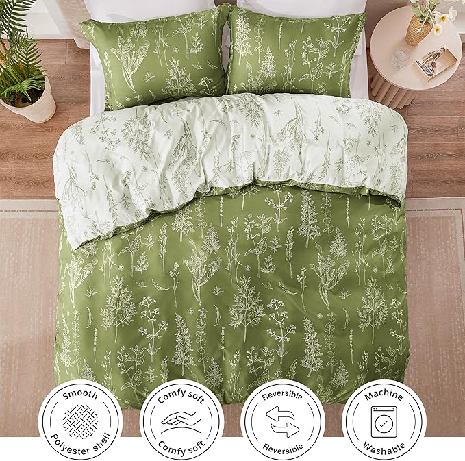 Love's cabin Olive Green King Comforter Set - King Size Comforter Set, 3 Pieces Cute Floral Bedding Sets for All Seasons,1 Soft Reversible Botanical Flowers Comforter and 2 Pillow Shams