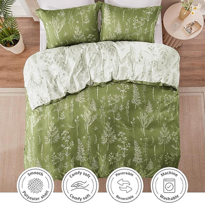 Love's cabin Olive Green King Comforter Set - King Size Comforter Set, 3 Pieces Cute Floral Bedding Sets for All Seasons,1 Soft Reversible Botanical Flowers Comforter and 2 Pillow Shams