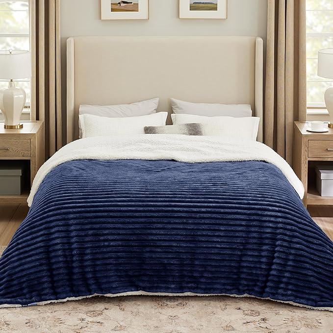 Bedsure Sherpa Blanket King Size for Bed - Super Soft, Cozy Fleece Thick Warm Blanket for Winter, GentleSoft Home Room Decor, Navy Blue, 108x90 Inches