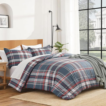 Andency Navy Red Plaid Comforter Set Twin(66x90 Inch), 2 Pieces Grid Gingham Stripes Bedding Comforter Sets for Boys Girls Kids Teens, Preppy Geometric Line Soft Lightweight Reversible Bed Set as Gift