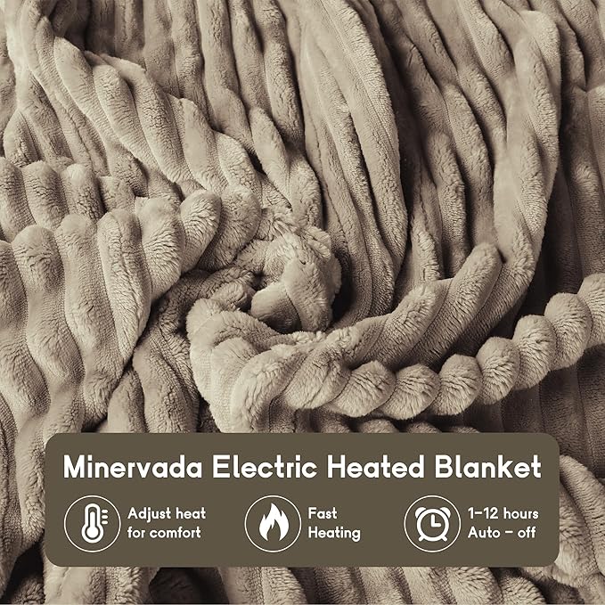 Heated Blanket Electric Blanket Queen Size 84''x90'' with 10 Heating Levels, 1-12 Hour Auto Shut Off, Machine Washable, Dual Controller Soft Warming Blanket for Couch, Bed, Office - Light Brown