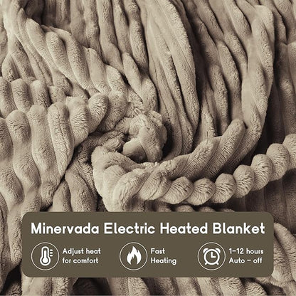Heated Blanket Electric Blanket Queen Size 84''x90'' with 10 Heating Levels, 1-12 Hour Auto Shut Off, Machine Washable, Dual Controller Soft Warming Blanket for Couch, Bed, Office - Light Brown