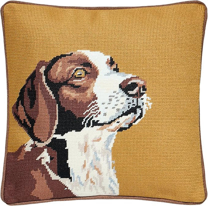 Camp Wandawega Hunting Dog Needlepoint Embroidered Throw Pillow, Vintage Lodge Decorative Pillow, 14" Square