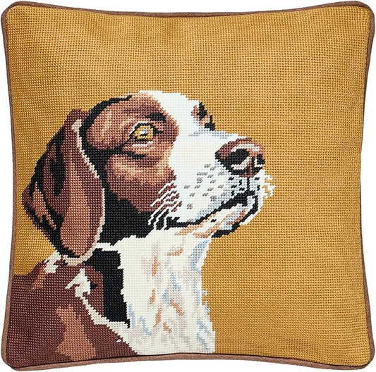 Camp Wandawega Hunting Dog Needlepoint Embroidered Throw Pillow, Vintage Lodge Decorative Pillow, 14" Square
