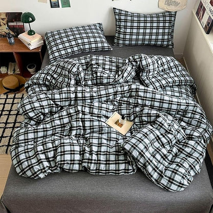 HighBuy Grey Gingham Grid Comforter Set Twin XL Size, Modern Chic Plaid Comforter Set 3 Pieces Fluffy Soft Boho Checkered Pattern Printed Comforter with 2 Pillowcases for Boy Men