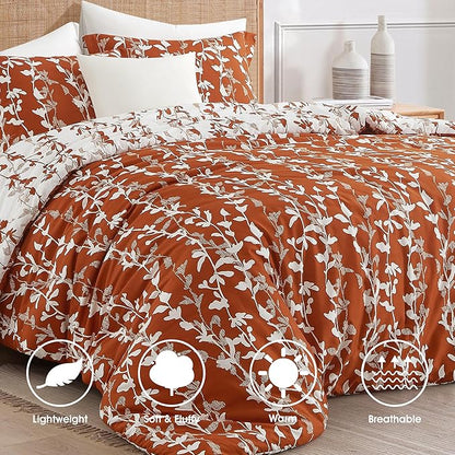 Terracotta Comforter Set, Twin Size, Vivid Leaves Branch 2 Pieces Bedding Set, Soft Polyester Microfiber Print, All Seasons, 1 Lightweight Comforter and 1 Pillow Sham