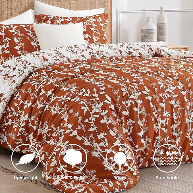 Terracotta Comforter Set, Full Size, Vivid Leaves Branch 3 Pieces Bedding Set, Soft Polyester Microfiber Print, All Seasons, 1 Lightweight Comforter and 2 Pillow Shams