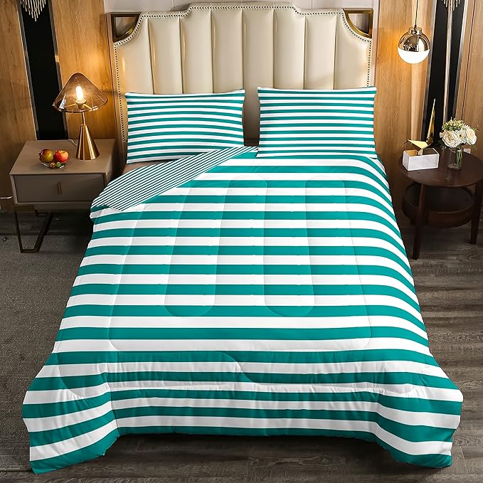 Stripe Comforter Set Turquoise Bedding Set Green White Striped Down Comforter King Ticking Stripes Geometric Lines Reversible Farmhouse Horizontal Stripes Lightweight Soft Quilt Duvet Insert