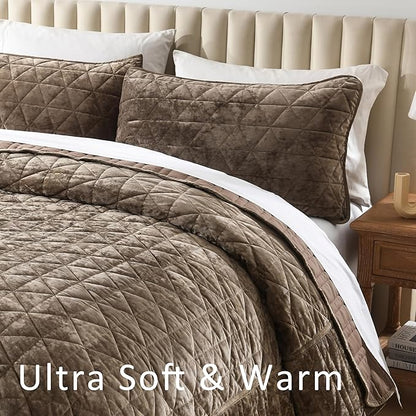 Homzard Velvet California King Size Comforter Set, Mocha Brown Quilt Bedding Set (118”*106”) with 2 Pillow Shams, Patchwork Bedspread Set, Lightweight Bedding Coverlet 3 Piece