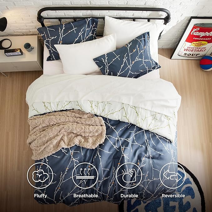 Bedsure Twin Comforter Set - 5 Pieces Floral Navy Blue Bed Set, Tree Branch Pattern Printed Bed in a Bag Twin with Comforter, Sheets, Pillowcase & Sham