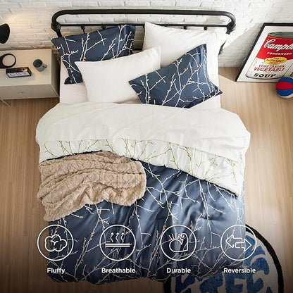 Bedsure Twin Comforter Set - 5 Pieces Floral Navy Blue Bed Set, Tree Branch Pattern Printed Bed in a Bag Twin with Comforter, Sheets, Pillowcase & Sham