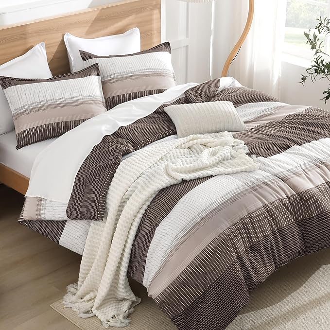 Litanika Comforter Set Queen Size Chocolate - 3 Pieces Lightweight Colorblock Stripe Fluffy Bedding Comforter Sets, All Season Bed Set