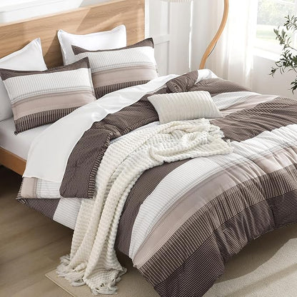 Litanika Comforter Set Queen Size Chocolate - 3 Pieces Lightweight Colorblock Stripe Fluffy Bedding Comforter Sets, All Season Bed Set