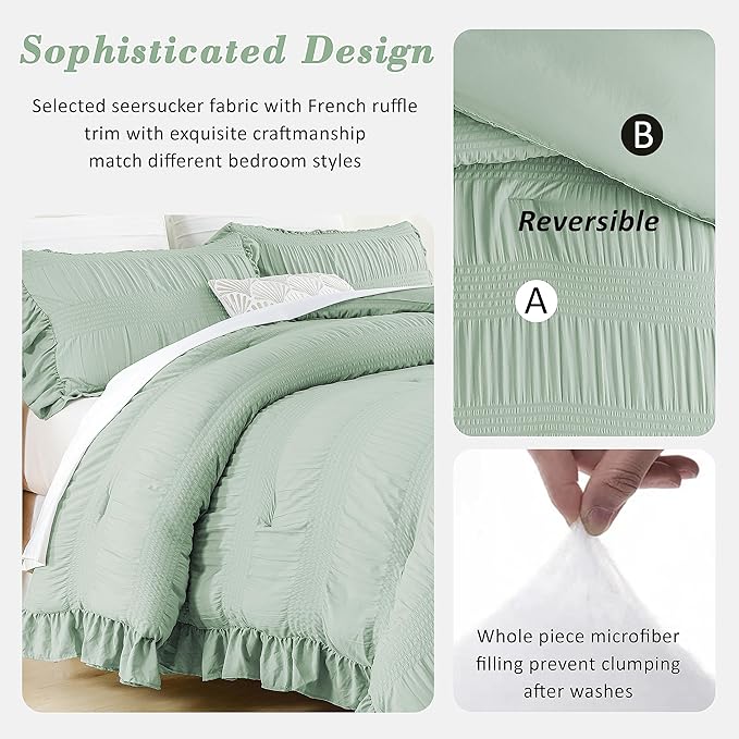 Sage Green Seersucker Comforter Queen Size with Ruffled Edges, Ultra-Soft Sage Green Bedding Set Queen Size 3 Piece Set, Down Alternative Comforter Set(Queen/90 * 90)