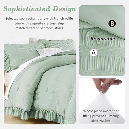 Sage Green Seersucker Comforter Queen Size with Ruffled Edges, Ultra-Soft Sage Green Bedding Set Queen Size 3 Piece Set, Down Alternative Comforter Set(Queen/90 * 90)
