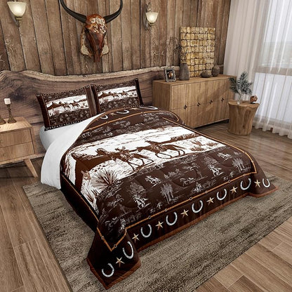 Feelyou Western Aztec Comforter Set Toddler Size Horse Cowboy Bedding Set for Boys Men Kids Teens Rustic Western Decor Country Wild West Down Comforter Brown Duvet Set with 1 Pillowcase