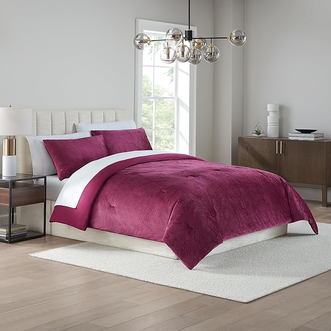 Nine West Maya 3 Piece Embossed Velvet Comforter Set, Luxurious All Season Bedding Including One Comforter and Two Pillow Shams, Queen, Maroon