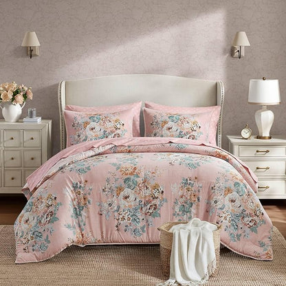 Madison Park Essentials Floral Comforter Set Cal King Size, Vintage Flower Bedding Set with Sheet Set, 7 Pieces Bed in a Bag with Reversible Botanical Comforter and Pillowcases & Shams, Heather, Pink