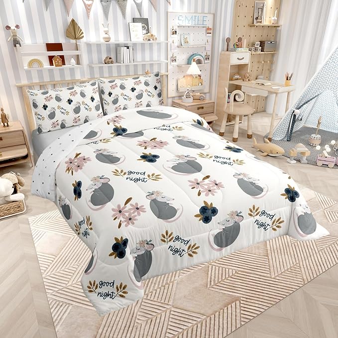 Castle Fairy Cute Opossum 3 Pcs King Size Comforter Set,Cartoon Animals Down Alternative Adults Bedroom Decor,Watercolor Flower Plant Ultra Soft Microfiber Inner Fill 3Pcs Bedding