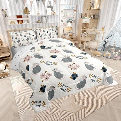 Cartoon Animals Bed Comforter Set Queen Size,Watercolor Flower Plant Super Soft Microfiber Bedding Set for Adults Teens,Cute Opossum Comforter Set,2 Pillowcases