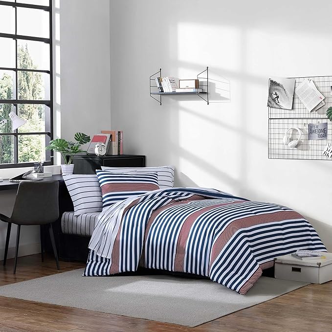 Nautica - Full/Queen Comforter Set, Ultra Soft Bedding with a Woven Textured Feel, Medium Weight for Year Round Comfort, 3 Piece Bed Set with Matching Pillowcases (Kennedy Stripe Navy)
