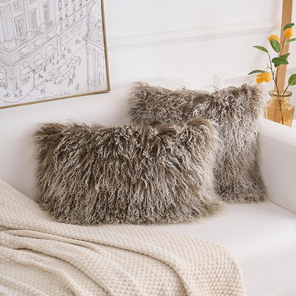 Genuine Mongolian Lamb Fur Pillow Cover – 12"x20" Rectangular Cushion Case – Soft Curly Wool Decorative Accent for Sofa, Bed, or Chair (Sage Green with White Tips)