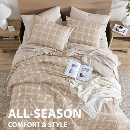 Cathay Home Basic Bedding Home Essential Ultra Soft Lightweight 7PC Wrinkle Resistant Microfiber Bed in a Bag Set (Includes Complete Sheet Set & Comforter Set) - Taupe Plaid, Queen