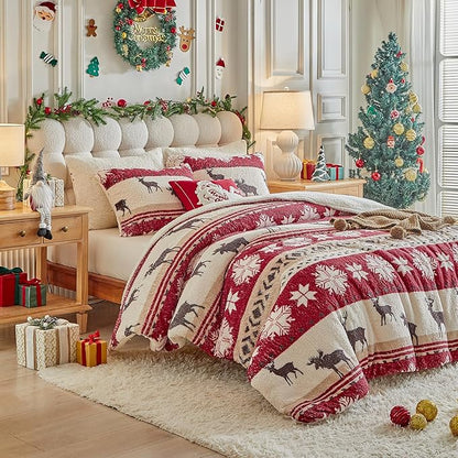 Christmas Sherpa Comforter Set Queen Size 3 Pieces Red Stripes Cream Snowflake Deer Holiday Winter Bedding Microfiber Warm Fleece Comforter with 2 Pillow Shams - Thanksgiving New Year Gift Choice