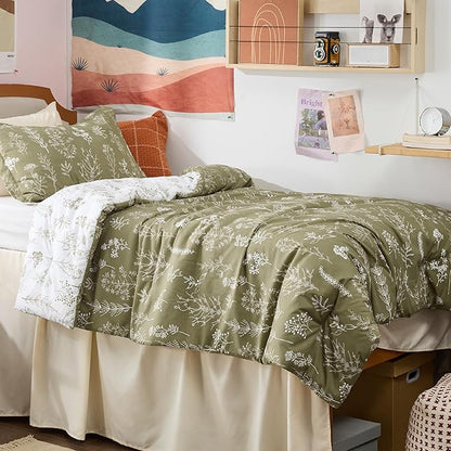Bedsure Twin/Twin XL Comforter Set - Olive Green Bed Set, 2 Pieces Cute Floral Bedding, 1 Soft Reversible Botanical Flowers Comforter and 1 Pillow Sham
