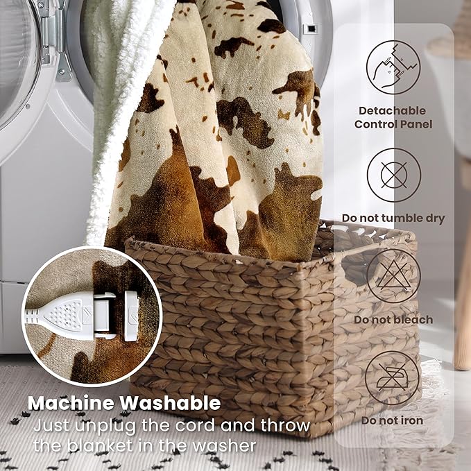 Cow Print Heated Electric Blanket King Size-Dual Control Heating Blanket King Size with 10 Heat Levels & 10 Hours Auto-Off, Cozy Soft Fleece Sherpa, Washable, 90x100 Inche Cow Print Apricot