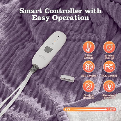 Heating Blanket Twin Heated Blanket 62x84'' - Soft Sherpa Fleece Twin Electric Blanket with Fast Heating, 5 Heating Levels & 10 Hours Auto Off, Small Lap Heat Blanket, Great Gift for Grandma (Purple)