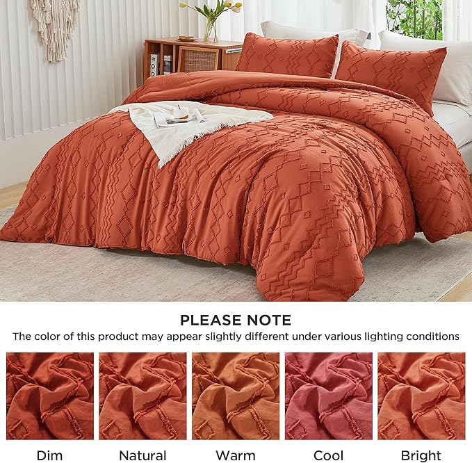 Andency Terracotta Tufted Comforter Set Twin(66x90Inch), 2 Pieces(1 Boho Comforter, 1 Pillowcase) Textured Farmhouse Bed Set, Soft Microfiber Down Alternative Geometric Fall Bedding