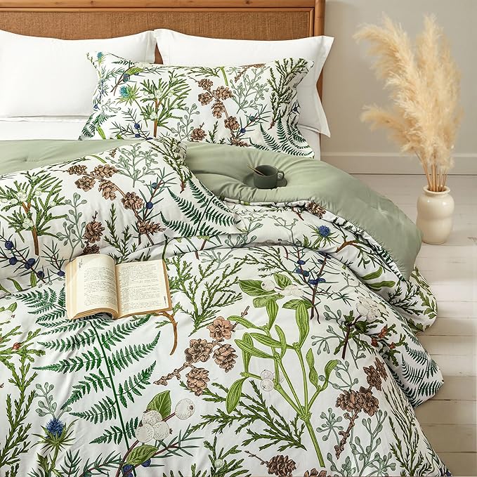 Queen Comforter Set - 3 Pieces Botanical Bedding Comforter Set, 1 Soft Vintage Beige Plant Flowers Comforter (90"x90") and 2 Pillow Shams(20"x26") Ultra-Soft Comfort Suitable for All Seasons