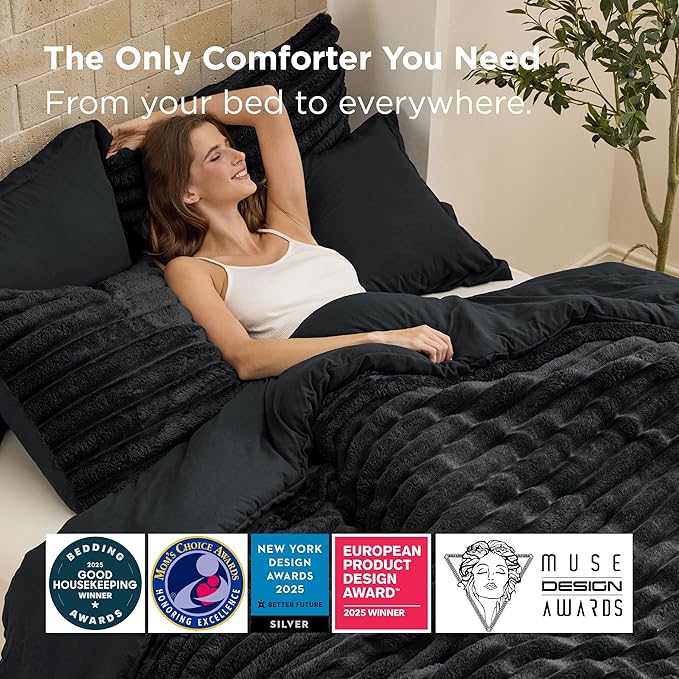 Bedsure Gentlesoft™ 2-in-1 Queen Comforter Set and Detachable Fluffy Blanket, Black Bedding Set for All Season Use, SnapTech™ Design for Space Saving (Includes 2 Pillow Shams, 2 Pillowcases)