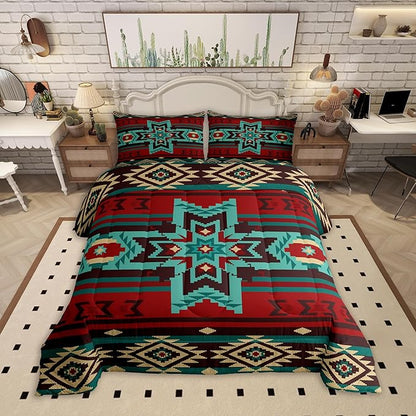 Western Comforter Set Twin Size,Southwest Tribal Bedding Set Retro Aztec Pattern Quilted Duvet 2pcs for Kids Girls Boys Women Room Decor,Brown Red and Cyan Stripes Duvet Insert,1 Pillowcase
