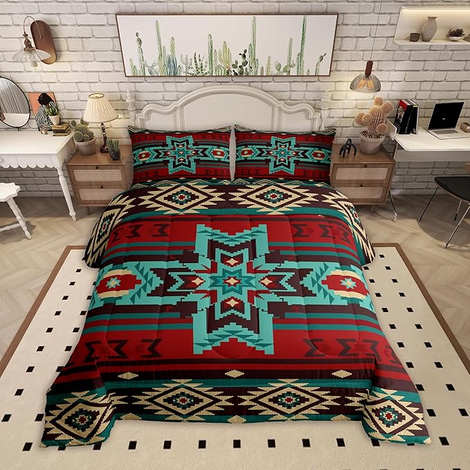 Western Comforter Set King Size,Southwest Tribal Bedding Set Retro Aztec Pattern Quilted Duvet 3pcs for Kids Girls Boys Women Room Decor,Brown Red and Cyan Stripes Duvet Insert,2 Pillowcases
