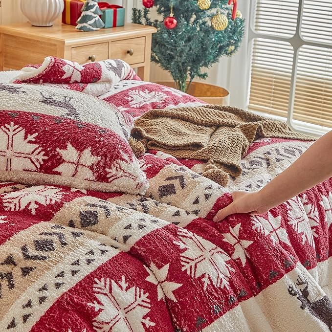 Christmas Sherpa Comforter Set Queen Size 3 Pieces Red Stripes Cream Snowflake Deer Holiday Winter Bedding Microfiber Warm Fleece Comforter with 2 Pillow Shams - Thanksgiving New Year Gift Choice