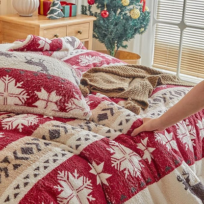 Christmas Sherpa Comforter Set Queen Size 3 Pieces Red Stripes Cream Snowflake Deer Holiday Winter Bedding Microfiber Warm Fleece Comforter with 2 Pillow Shams - Thanksgiving New Year Gift Choice