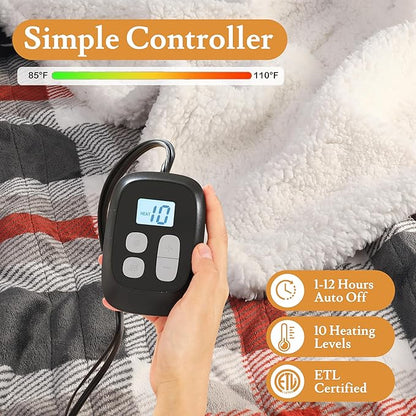 Electric Heated Blanket 72"x84" Full Size Flannel & Sherpa - 4 Heat Settings & 10H Auto Shut Off, Fast Heating, Machine Washable for Bed, Couch, Office - Black and Red Checkered Pattern