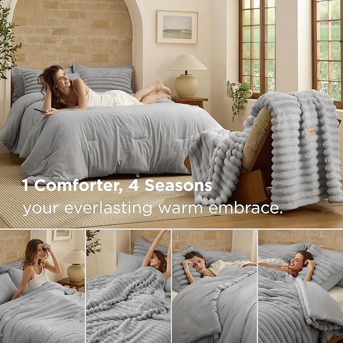 Bedsure Gentlesoft™ 2-in-1 Full Comforter Set and Detachable Fluffy Blanket, Grey Bedding Set for All Season Use, SnapTech Design for Space Saving (Includes 2 Pillow Shams, 2 Pillowcases)