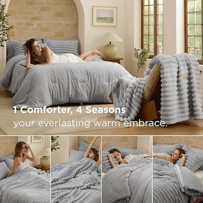 Bedsure Gentlesoft™ 2-in-1 Full Comforter Set and Detachable Fluffy Blanket, Grey Bedding Set for All Season Use, SnapTech Design for Space Saving (Includes 2 Pillow Shams, 2 Pillowcases)