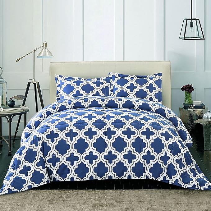 Superior Trellis Comforter Set with Pillow Shams, Luxurious & Soft Microfiber with Down Alternative Fill, Contemporary Geometric Trellis Design - Twin/Twin XL Bedding Set, Navy Blue