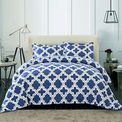 Superior Trellis Comforter Set with Pillow Shams, Luxurious & Soft Microfiber with Down Alternative Fill, Contemporary Geometric Trellis Design - Twin/Twin XL Bedding Set, Navy Blue