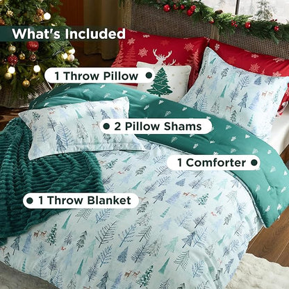 Bedsure Christmas King Comforter Set - 5 Pieces Christmas Bedding Set, King Bed in a Bag with 1 Soft Green Tree Reversible Comforter, 2 Pillow Shams, 1 Throw Blanket and 1 Decorative