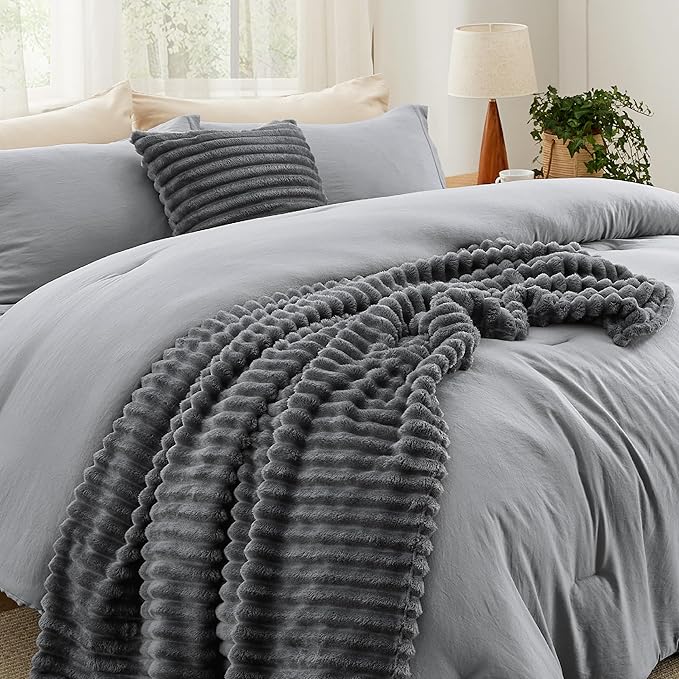 Bedsure Full Comforter Set 5 Pieces - Bed in a Bag with Fleece Throw Blanket and Decorative Pillow, Lightweight Bedding Comforter Sets, All Season Bedding, Dark Grey