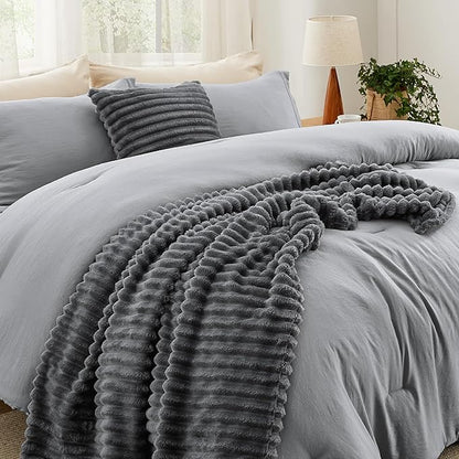 Bedsure Full Comforter Set 5 Pieces - Bed in a Bag with Fleece Throw Blanket and Decorative Pillow, Lightweight Bedding Comforter Sets, All Season Bedding, Dark Grey