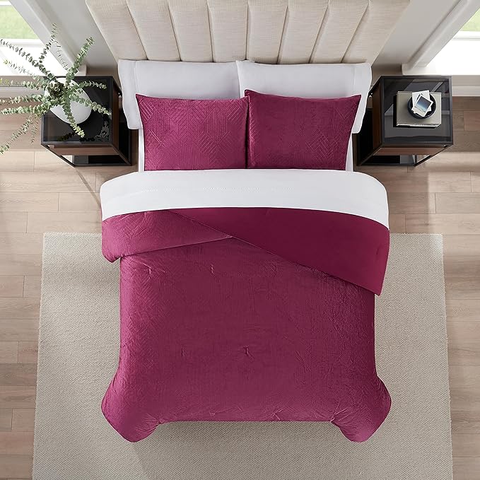 Nine West Maya 3 Piece Embossed Velvet Comforter Set, Luxurious All Season Bedding Including One Comforter and Two Pillow Shams, Queen, Maroon