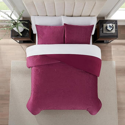 Nine West Maya 3 Piece Embossed Velvet Comforter Set, Luxurious All Season Bedding Including One Comforter and Two Pillow Shams, Queen, Maroon