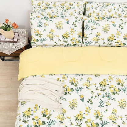 Floral King Comforter Set with Sheets, 7 Piece Luxury Vintage Bedding, Soft Microfiber Bed in a Bag, Cozy Lightweight Bed Set, Yellow Flower Green Leaves